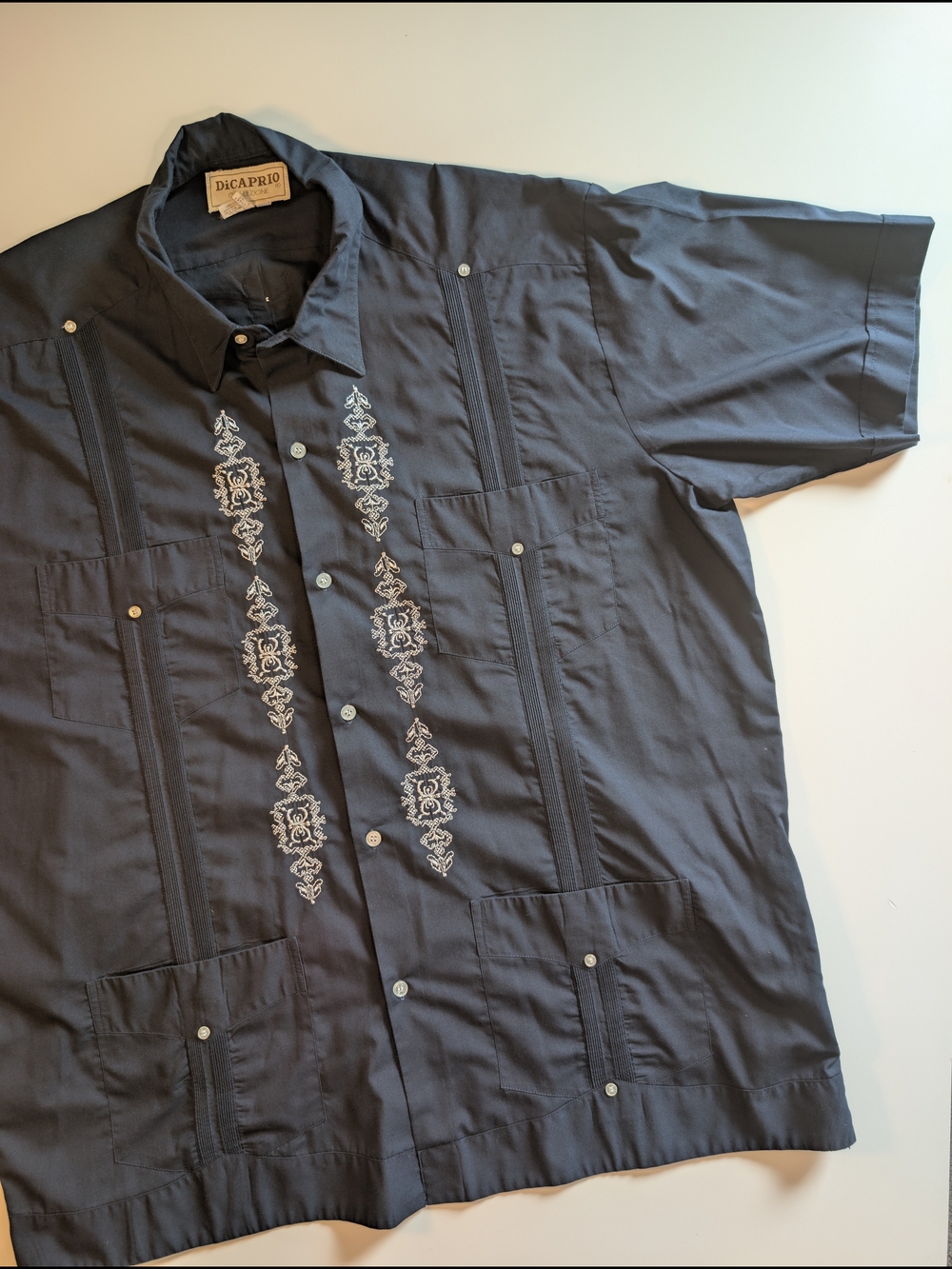 DiCaprio Collezione Black Embroidered Guayabera Shirt Men's Size 46 XL Cuban